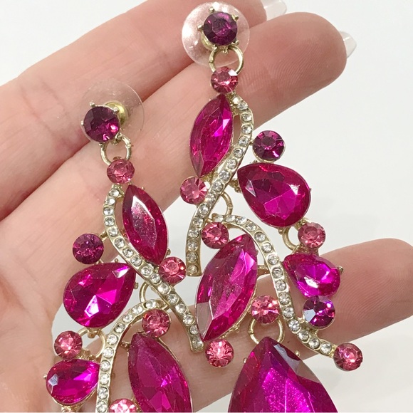 Oversized Statement Crystal Multi Teardrop Cluster Chandelier Dangle Earrings - Picture 3 of 13